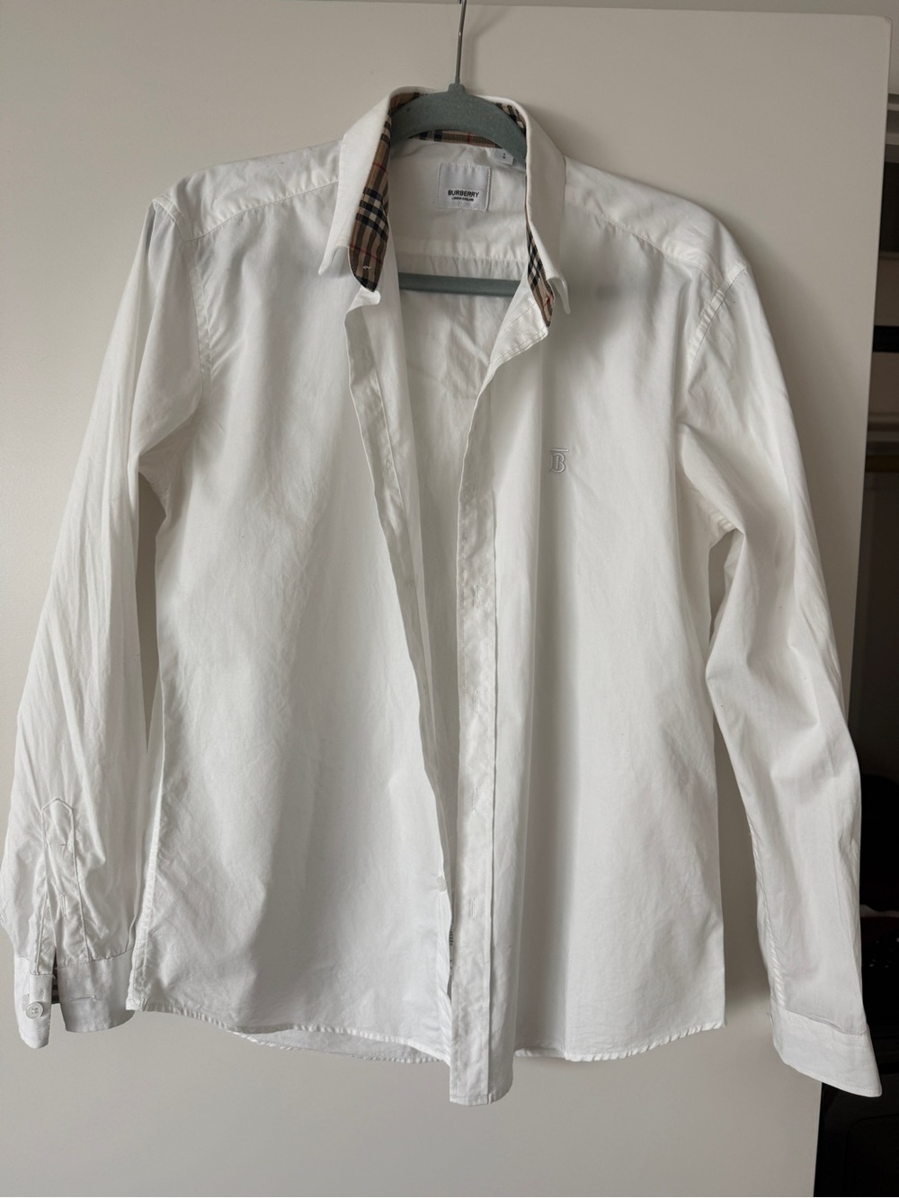 White Burberry Men's Button-Up Shirt with Contrast Collar